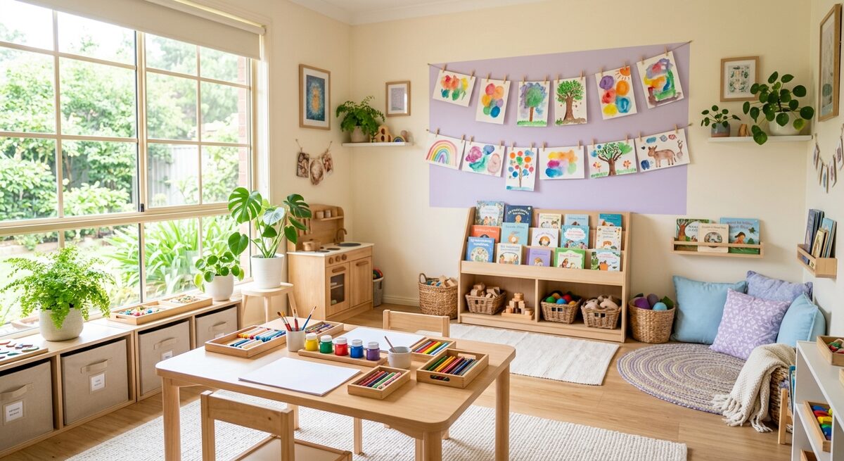 Bright playroom with art supplies, watercolor paintings on display, and cozy reading corner