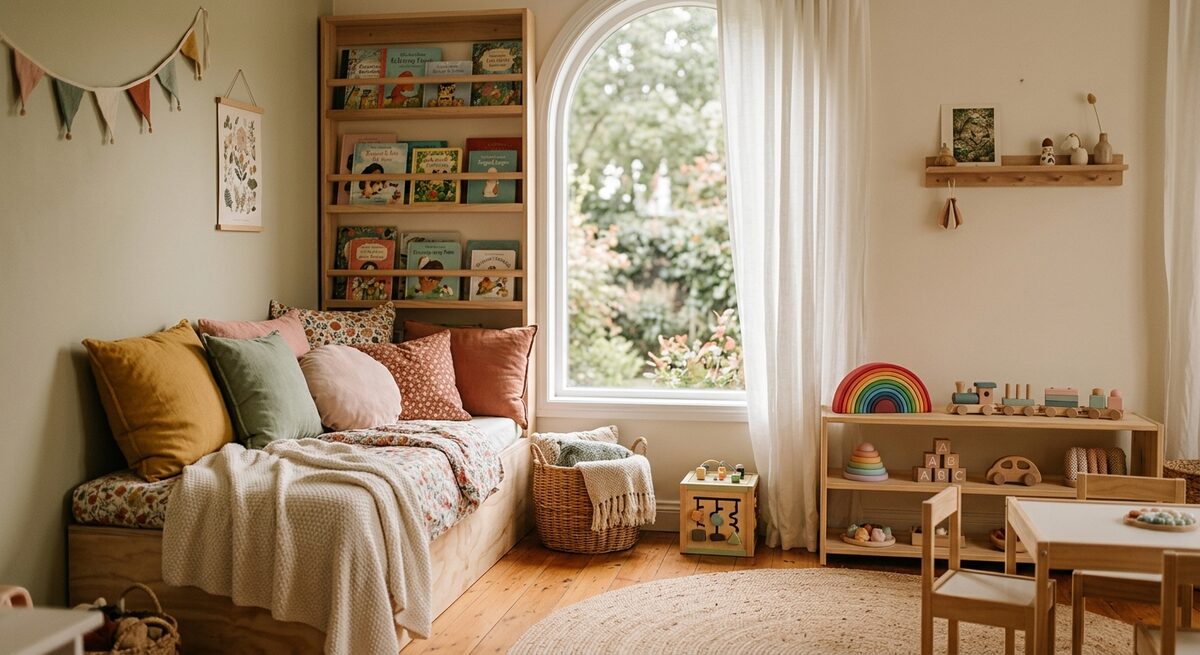 Our cozy reading nook with colorful cushions, children's books, and wooden toys bathed in natural light