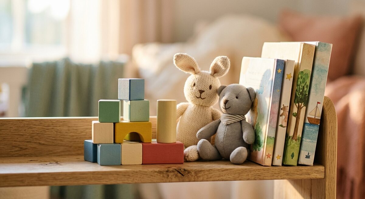 Wooden building blocks, soft toys, and picture books on a shelf in warm lighting